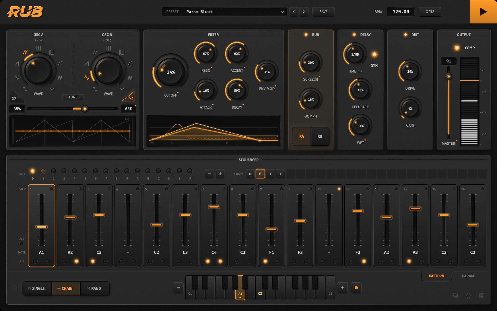 RUB faceplate in Pattern + Wave mode: note grid and oscillator pickers